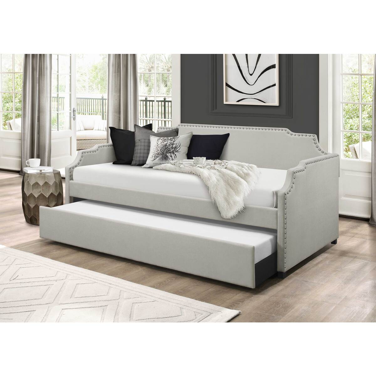 7513 KHAKI Fabric Day Bed w/ Trundle - TWIN-TWIN