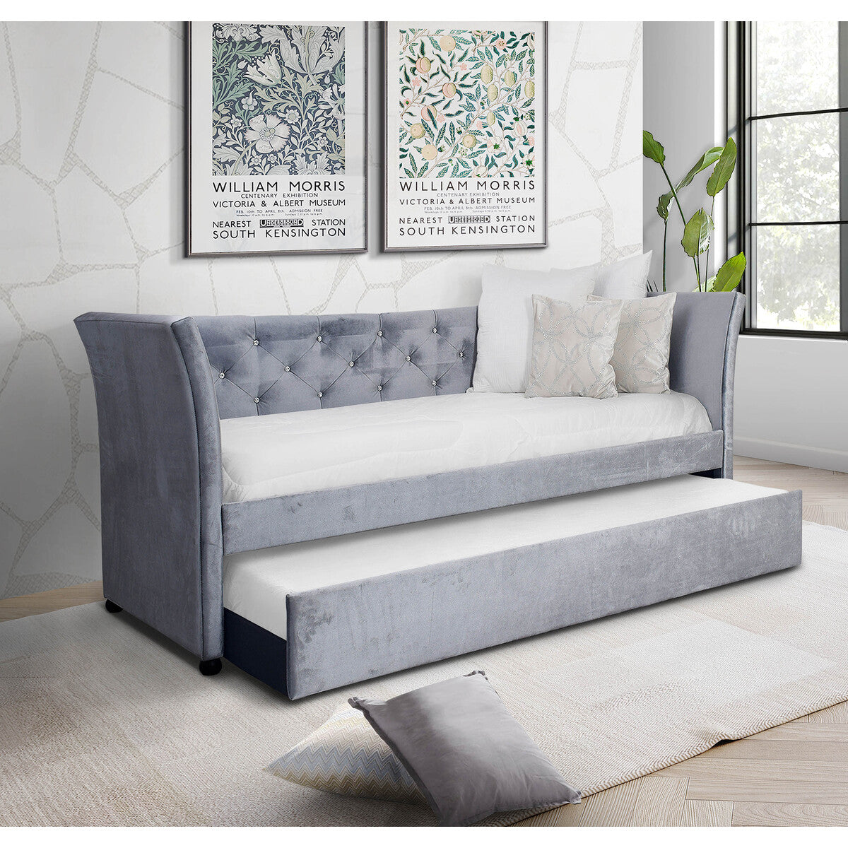 7523 LIGHT GRAY Fabric Day Bed w/ Trundle - TWIN-TWIN