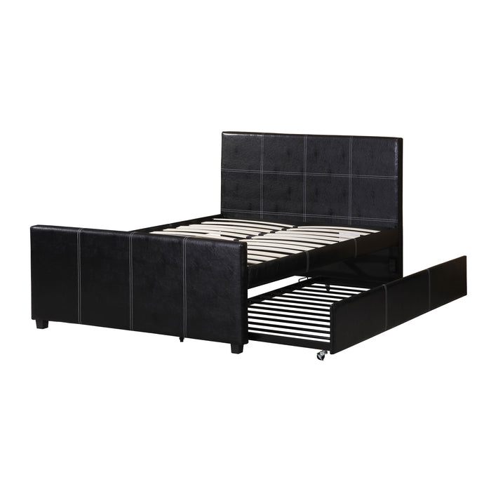 7526-FULL BLACK PU Platform Bed w/ Trundle - FULL-TWIN