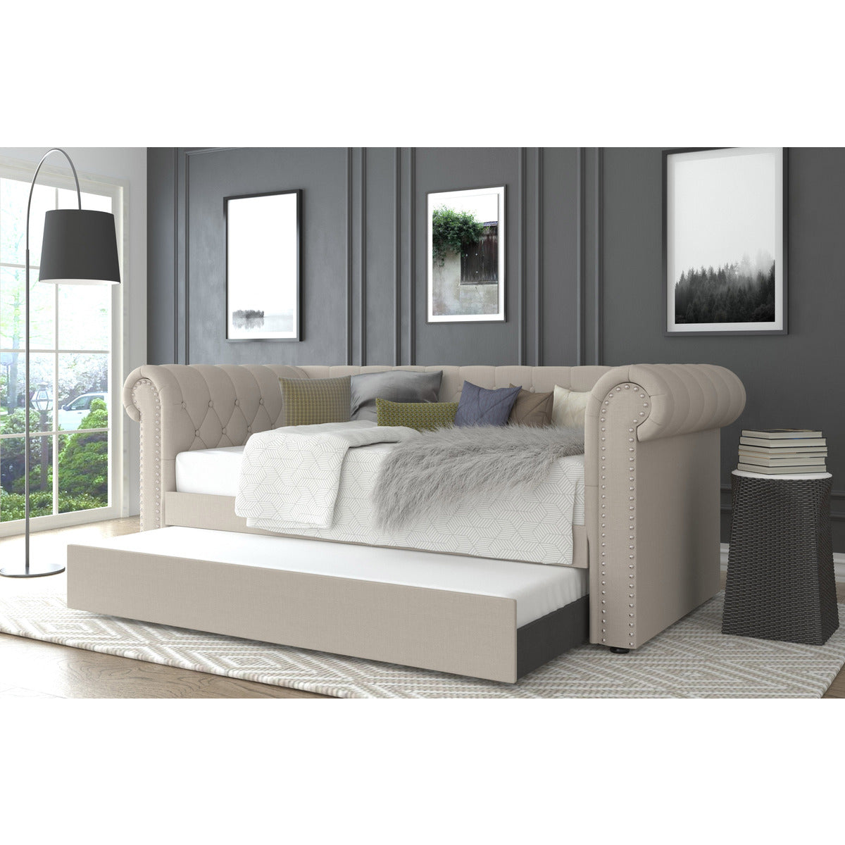 7609 BEIGE Fabric Rolled Arm Daybed w/ Trundle - TWIN-TWIN