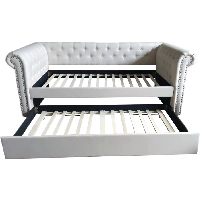 7609 BEIGE Fabric Rolled Arm Daybed w/ Trundle - TWIN-TWIN