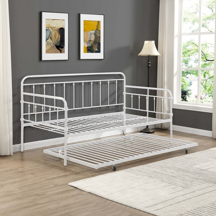 7627 WHITE Farmhouse Classic Metal Day Bed w/ Trundle - TWIN-TWIN