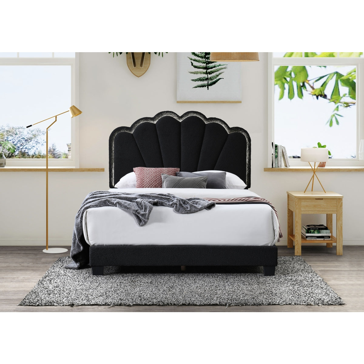 7527-EKING BLACK Fabric Shell Arch Headboard Platform Bed - EASTERN KING