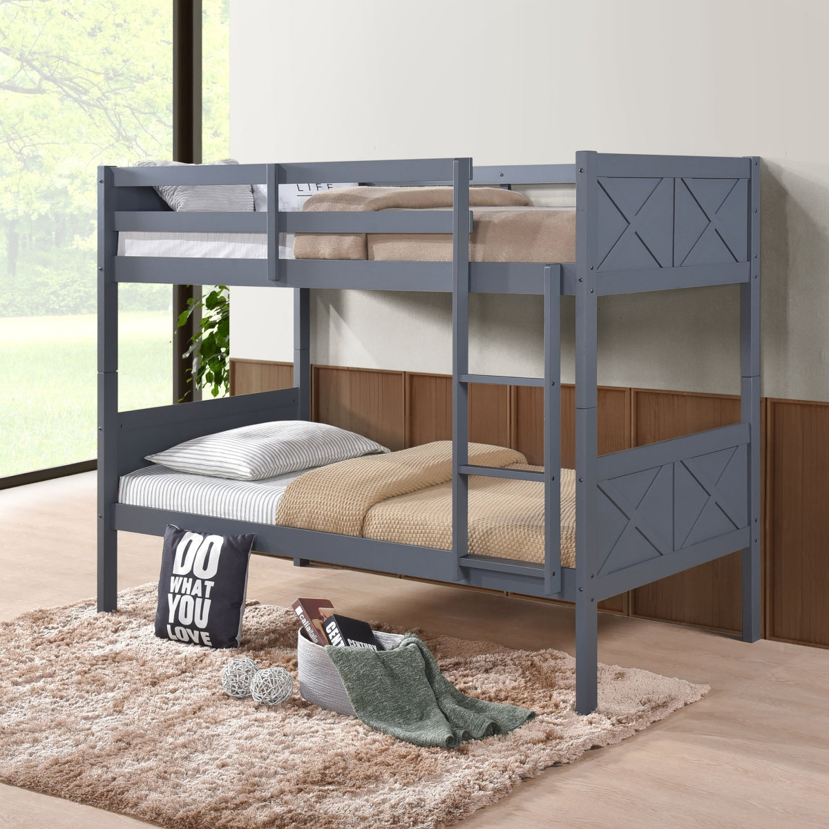 7541 DARK GRAY Stackable Post Wood Bunk Bed - TWIN-TWIN
