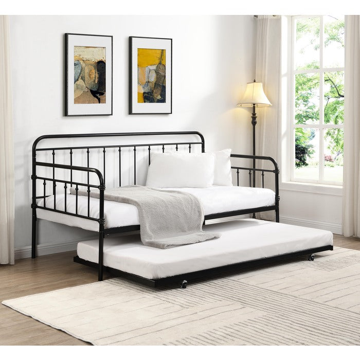 7623 BLACK Farmhouse Classic Metal Day Bed w/ Trundle - TWIN-TWIN