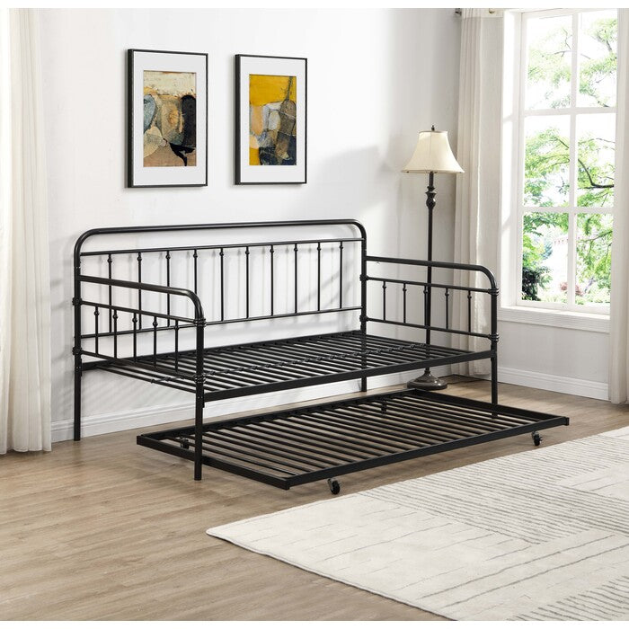 7623 BLACK Farmhouse Classic Metal Day Bed w/ Trundle - TWIN-TWIN