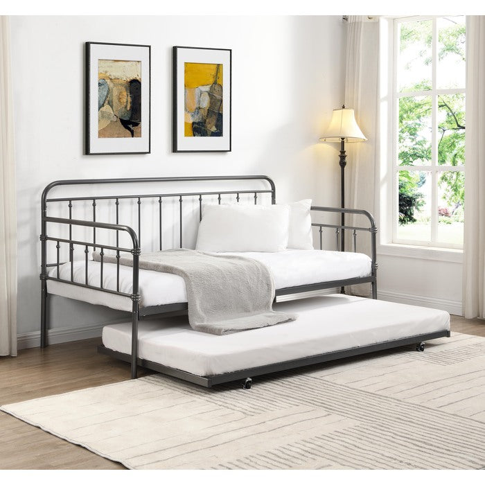 7625 DARK GRAY Farmhouse Classic Metal Day Bed w/ Trundle - TWIN-TWIN