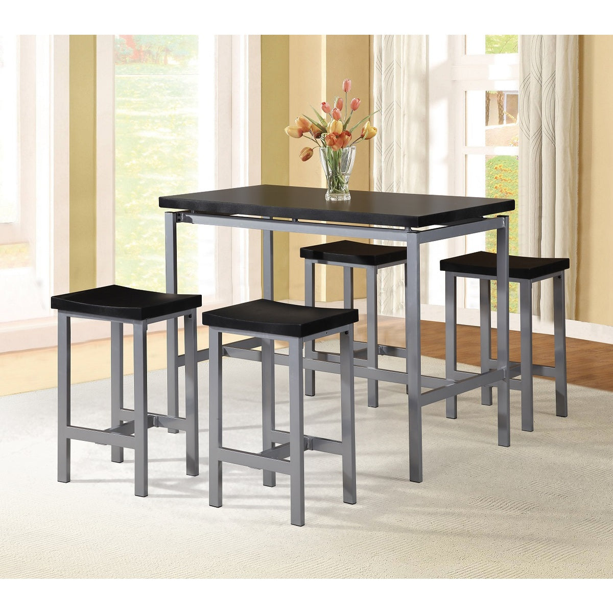 7847 5PC BLACK TOP Metal Counter Table Set w/ Saddle Stools